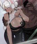  1boy 1girl absurdres arm_around_shoulder black_bra black_pants black_shorts boku_no_hero_academia bra breasts clothes_lift condom dark-skinned_male dark_skin embarrassed english_text highres holding holding_phone interracial large_breasts lifted_by_self mirko mirror netorare pants phone presenting queen_of_spades_symbol ratatatat74 red_eyes shirt_lift shorts smile sportswear steaming_body sweat topless_male underwear white_hair yoga_pants 