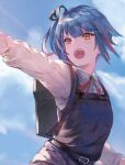  1girl apron arm_up black_apron blue_hair blue_sky character_request highres irikawa kantai_collection long_sleeves neck_ribbon open_mouth orange_eyes outdoors red_ribbon ribbon shirt short_hair sky solo teeth upper_body upper_teeth_only v-shaped_eyebrows white_shirt 