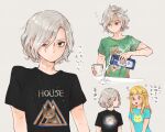  1boy 1girl alternate_costume black_shirt blonde_hair blue_eyes blue_shirt braid character_request check_character closed_mouth clothes_writing cup dungeon_meshi elf french_braid grey_background grey_hair hair_over_one_eye half-closed_eye holding_carton long_hair looking_at_viewer male_focus milk_carton mithrun multiple_views open_mouth pattadol pointy_ears print_shirt sami_(3a3i3a3i) shirt short_hair short_sleeves simple_background smile spilling t-shirt uneven_eyes upper_body 