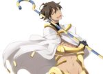  1boy abs ahoge ankh black_gloves brown_hair cape chimakiaya earrings fate/grand_order fate_(series) gloves hip_bones jewelry male_focus navel open_mouth ozymandias_(fate) short_hair simple_background single_earring solo staff tan white_background white_cape yellow_eyes 
