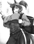  1girl animal_ears bag baseball_cap black_undershirt breasts cropped_hoodie fang greyscale gym_shorts hat holding_strap hood hoodie horse_ears horse_girl horse_tail ines_fujin_(umamusume) large_breasts monochrome open_mouth raimugi666 shorts side_ponytail tail uber_eats umamusume underboob white_background 