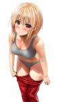  1girl blonde_hair blush breasts cleavage clothes_pull commentary_request feet_out_of_frame grey_panties grey_sports_bra highres large_breasts leaning_forward looking_at_viewer navel original panties pants pants_pull parted_lips red_eyes red_pants short_hair simple_background solo sports_bra standing track_pants underwear undressing white_background yukemuriganmo 