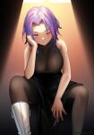  1girl bare_arms black_dress boku_no_hero_academia boots breasts cleavage closed_mouth dress forehead hand_on_own_cheek hand_on_own_face highres knee_boots lady_nagant large_breasts light medium_hair multicolored_hair one_eye_closed pink_eyes pink_hair purple_hair sleeveless solo streaked_hair tungsten_(kwfr4544) 
