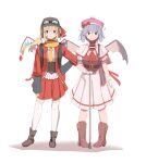  2girls absurdres adapted_costume alternate_costume bat_wings blonde_hair boots cane contrapposto fang flandre_scarlet goggles goggles_on_head goggles_on_headwear hand_on_hip hat highres looking_at_viewer multiple_girls pigeon-toed red_eyes remilia_scarlet ribbon scarf simple_background skin_fang sleeves_past_wrists smile thighhighs touhou vanilla_flan white_background wings yellow_scarf 
