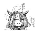  1girl :3 @_@ ahoge animal_ears bangs blush flying_sweatdrops greyscale hairband highres horse_ears looking_at_viewer mame_nabe_donko medium_hair meisho_doto_(umamusume) monochrome motion_lines open_mouth peeking_out sailor_collar solo traditional_media translation_request umamusume 