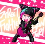  animal_print biker_clothes black_gloves boots bracelet character_name chibi collar commentary_request copyright_name drill_hair electric_guitar english_text fingerless_gloves gloves gradient_background guitar hair_horns hair_ornament han_juri holding holding_instrument instrument jacket jewelry leather marimo_(yousei_ranbu) multicolored_hair open_mouth pink_hair spider_print spiked_bracelet spiked_collar spikes street_fighter street_fighter_v studded_jacket twin_drills two-tone_hair 
