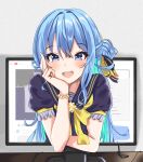  1girl :d absurdres beguzemu0728 blue_eyes blue_hair blush brooch desk elbow_rest frills hair_bun hair_ribbon highres hololive hoshimachi_suisei jewelry long_hair looking_at_viewer monitor multicolored_hair open_mouth ribbon sailor_collar screen short_sleeves smile solo star_(symbol) star_bracelet star_brooch star_in_eye straight-on streaked_hair symbol_in_eye through_screen upper_body virtual_youtuber 
