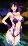  1girl arm_at_side black_hair bodypaint breasts collarbone commission cowboy_shot dark_persona hair_between_eyes hand_on_hip highres light_smile lindaroze lipstick looking_at_viewer makeup medium_breasts medium_hair navel nude purple_lips short_hair slime_(substance) solo tekken tekken_tag_tournament unknown_(tekken) yellow_eyes 