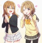  2girls :d ;p black_jacket blush bow brown_hair cardigan cardigan_under_jacket commentary cosplay costume_switch crescent crescent_hair_ornament fingers_to_cheeks gradient_background grey_sailor_collar grey_skirt hair_between_eyes hair_ornament heart highres jacket kunikida_hanamaru long_hair love_live! love_live!_nijigasaki_high_school_idol_club love_live!_sunshine!! miniskirt multiple_girls nakasu_kasumi nijigasaki_academy_school_uniform one_eye_closed open_mouth orange_bow own_hands_together plaid plaid_skirt pleated_skirt red_eyes round_teeth sailor_collar school_uniform short_hair skirt smile sparkle tareme teeth tongue tongue_out unbuttoned unbuttoned_jacket upper_teeth_only uranohoshi_school_uniform white_skirt winter_uniform yellow_background yellow_cardigan yellow_eyes yoon_(yoon_lovelive) 