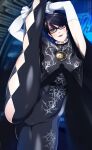  1girl arms_up bayonetta bayonetta_(series) bayonetta_3 black_hair commission earrings elbow_gloves eyeshadow glasses gloves highres jewelry lindaroze lipstick looking_at_viewer makeup mole mole_under_mouth one_eye_closed short_hair smile solo split standing standing_on_one_leg standing_split white_gloves 