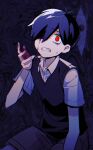  1boy ahoge black_vest blood blood_on_clothes blood_on_hands buttons collared_shirt fingernails hair_between_eyes highres looking_up male_focus omori red_eyes scared shirt short_hair short_sleeves shorts solo something_(omori) spoilers sunny_(omori) sweatdrop teeth vest yutsu 