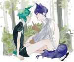  2others absurdres androgynous animal_ears aqua_eyes aqua_hair bangs belt between_legs black_shirt blue_eyes blue_hair blunt_bangs bowl_cut bush collared_shirt colored_eyelashes dual_persona forest from_side gem_uniform_(houseki_no_kuni) gold golden_arms hand_on_ground high_collar highres houseki_no_kuni index_finger_raised leaf loafers moon_uniform_(houseki_no_kuni) multiple_others nature necktie other_focus outdoors parted_bangs phosphophyllite phosphophyllite_(ll) profile puffy_short_sleeves puffy_sleeves rabbit_ears rabbit_tail shirt shoes short_hair short_jumpsuit short_shorts short_sleeves shorts sidelocks sitting smile straight_hair surprised tail time_paradox tree white_belt white_shirt white_uniform wide_sleeves zjpf7435 
