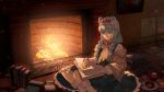  1girl absurdres animal_ears arknights bear_ears blue_eyes blue_hair blue_skirt book book_stack braid buttons chinese_commentary cinnamon_roll closed_mouth commentary_request cup expressionless fire fireplace flower fork gift hair_flower hair_ornament hairband highres holding holding_book istina_(arknights) istina_(bibliosmia)_(arknights) jacket jidian967 light_blue_hair long_sleeves monocle mug neckerchief off_shoulder official_alternate_costume open_book open_clothes open_jacket plate reading red_hairband red_neckerchief shirt sitting skirt solo suspender_skirt suspenders twin_braids white_flower white_shirt yellow_jacket 