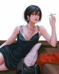  1girl absurdres bag black_bag black_dress black_eyes black_hair breasts cigarette dress earrings hand_up handbag highres jewelry mikasa_ackerman necklace nthndn parted_lips pillow red_scarf scarf shingeki_no_kyojin short_hair simple_background sitting small_breasts solo white_background 