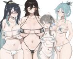  4girls aged_down aqua_hair ass_visible_through_thighs bangs bare_shoulders bikini black_bikini black_hair braid breasts cameltoe clothes_writing cloud_retainer_(genshin_impact) collarbone cowboy_shot crossed_arms earrings eyepatch_bikini fang genderswap genderswap_(mtf) genshin_impact girl_sandwich glasses gradient_hair hair_ornament hairpin hand_on_another&#039;s_head highleg highleg_bikini highres jewelry large_breasts long_hair madame_ping_(genshin_impact) medium_breasts motion_lines multicolored_hair multiple_girls navel nipio one_eye_closed open_mouth parted_bangs parted_lips purple_eyes red-framed_eyewear sandwiched semi-rimless_eyewear sketch skin_fang swimsuit tassel tassel_earrings thigh_gap thighs underboob v-shaped_eyebrows wavy_mouth white_bikini zhongli_(genshin_impact) 