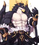  2023 abs absurd_res anthro armor big_wings black_body black_scales bottomwear clothed clothing digital_drawing_(artwork) digital_media_(artwork) dragon hi_res horn male muscular muscular_anthro muscular_male pecs scales scalie simple_background solo topless vambraces wings yed yellow_eyes yellow_horn 