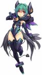  +_+ 1girl arcana_trust black_gloves black_wings boots breasts clothing_cutout demon_girl demon_horns demon_tail elbow_gloves full_body gloves green_hair hair_between_eyes highres horns karukan_(monjya) leotard looking_at_viewer low_wings navel_cutout parted_lips pointy_ears red_eyes shinrabanshou short_hair simple_background small_breasts solo tail thigh_boots thighs white_background wings 