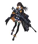  1girl anti-materiel_rifle bag belt black_hair black_jacket black_thighhighs counter:side full_body gun highres holding holding_gun holding_weapon jacket long_hair official_art red_eyes rifle scope serious skirt sniper_rifle thighhighs transparent_background weapon xiao_lin_(counter:side) 