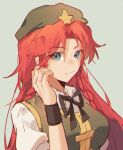  1girl braid grey_background hand_up hat hat_ornament highres hong_meiling liangyilin long_hair looking_at_viewer puffy_short_sleeves puffy_sleeves red_hair short_sleeves simple_background solo star_(symbol) star_hat_ornament touhou upper_body 