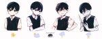  1boy ahoge black_hair black_vest collared_shirt expressions hair_between_eyes highres holding holding_knife knife male_focus multiple_views omori shirt short_hair short_sleeves sunny_(omori) translated upper_body vest white_background yutsu 