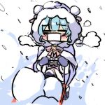  1girl =_= aqua_hair blizzard blush_stickers boots capelet chibi closed_eyes daidou_(demitasse) fur-trimmed_capelet fur-trimmed_hood fur_trim gloves hatsune_miku hood hood_up mask mouth_mask outdoors pink_ribbon pom_pom_(clothes) purple_capelet purple_gloves ribbon shoveling sketch snow solo vocaloid winter yuki_miku yuki_miku_(2023) 