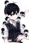  6+boys biting biting_hair black_eyes black_hair black_sweater_vest bright_pupils cheek_biting closed_mouth collared_shirt colored_skin expressionless looking_at_viewer miniboy multiple_boys omori omori_(omori) puckered_lips shirt short_sleeves sunny_(omori) sweater_vest white_pupils white_shirt white_skin yutsu 