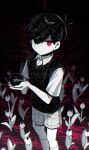  1boy black_eyes black_hair black_sweater_vest bright_pupils closed_mouth collared_shirt expressionless heterochromia highres kneehighs looking_at_viewer male_focus omori red_eyes shirt short_hair short_sleeves shorts socks solo sunny_(omori) sweater_vest white_pupils white_shirt yutsu 
