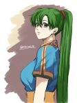  1girl bangs blue_shirt blush breasts brown_background commentary_request earrings eyelashes fire_emblem fire_emblem:_the_blazing_blade from_side green_eyes green_hair hair_between_eyes jewelry large_breasts long_hair looking_at_viewer lyn_(fire_emblem) miku1201_fe parted_bangs parted_lips ponytail sash shadow shirt short_sleeves sidelocks sketch solo twitter_username upper_body white_background 