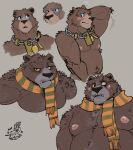  2023 anthro baby_bear_(puss_in_boots) bear blind_eye blue_eyes blush body_hair brown_body brown_fur chest_hair clothing dannon-5 domestic_cat dreamworks duo father father_and_child father_and_son felid feline felis fur hand_behind_head hat headgear headwear hi_res jewelry male mammal mature_male moobs mostly_nude multiple_images musclegut muscular muscular_male necklace necklace_only nipples notched_ear nude overweight overweight_male papa_bear_(puss_in_boots) parent parent_and_child puss_in_boots_(dreamworks) puss_in_boots_(film) puss_in_boots_the_last_wish scar scarf scarf_only simple_background slightly_chubby son yellow_eyes 