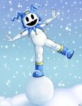  2022 anthro atlus balancing boots clothing demon fangs footwear hat headgear headwear hi_res imp jack_frost_(megami_tensei) jimfoxx looking_at_viewer male megami_tensei mostly_nude on_one_leg signature smile smiling_at_viewer snow snowball snowing solo spread_arms spread_legs spreading standing teeth white_body 