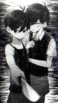  2boys aiming_at_viewer black_eyes black_hair black_sweater_vest chromatic_aberration closed_mouth collar collared_shirt colored_skin dual_persona expressionless greyscale highres holding holding_knife knife looking_at_viewer male_child monochrome multiple_boys muroku_(aimichiyo0526) omori omori_(omori) protecting shirt short_hair short_sleeves shorts sunny_(omori) sweater_vest white_eyes white_shirt white_skin yutsu 