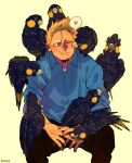  1boy animal_on_head bird bird_on_head black_bird black_pants blonde_hair blue_eyes blue_shirt boku_no_hero_academia cigarette cockatiel heart nekodou_(yukatin1000) on_head one_eye_closed pants scar scar_on_face scar_on_forehead shirt simple_background sitting spiked_hair spoken_heart stitched_face stitches twice_(boku_no_hero_academia) yellow_background 