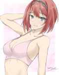  1girl ark_royal_(kancolle) bangs blue_eyes blunt_bangs bob_cut bra breasts cleavage commentary_request gakky hairband inverted_bob kantai_collection looking_at_viewer medium_breasts one-hour_drawing_challenge pink_bra red_hair short_hair solo tiara underwear upper_body 