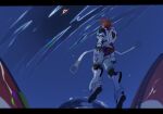  1girl apex_legends black_gloves black_hole floating from_behind from_below glitch gloves highres horizon_(apex_legends) olympus_(apex_legends) open_hands orange_hair ruthion science_fiction short_hair solo space spacesuit 