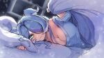  1girl :3 animal_ears aqua_eyes bangs bed bed_invitation blue_hair blue_sweater blue_wings blush breasts cleavage dragon_girl elira_pendora fang hair_over_one_eye head_wings highres large_breasts lifting_covers light_smile long_hair long_sleeves looking_at_viewer lying multicolored_hair nijisanji nijisanji_en no_bra off_shoulder on_side parted_bangs pillow skin_fang smile solo sweater taroko3 twitter_username under_covers virtual_youtuber white_hair wings 