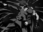  bare_shoulders black_background blood clenched_hands closed_mouth from_behind gakuran game_cg greyscale holding holding_weapon kishima_kouma knife long_sleeves melty_blood monochrome motion_blur multiple_boys muscle nanaya_shiki official_art outstretched_arm pants school_uniform shaded_face simple_background takeuchi_takashi tsukihime type-moon weapon 