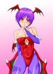  bare_shoulders bat_wings blush breasts capcom cleavage darkstalkers demon_girl detached_sleeves elbow_gloves embarrassed gloves hands head_wings headwings highres leotard lilith_aensland makani_kohitujito makanikohitujito pantyhose purple_eyes red_eyes short_hair succubus vampire_(game) wings 