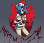  1girl alex_ahad bare_legs blood blood_writing blue_hair breasts choker cleavage gloves happy_valentine heart heart_(organ) large_breasts mask no_bra nurse red_eyes saw skullgirls solo surgical_mask valentine valentine_(skullgirls) weapon white_gloves 