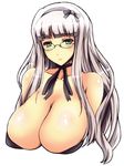  bare_shoulders bow breasts choker cleavage glasses green_eyes hair_bow huge_breasts idolmaster idolmaster_(classic) long_hair ribbon ribbon_choker shijou_takane solo wakame white_hair 