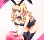 animal_ears bent_over blue_eyes blush bow bowtie breasts bunny_ears bunnysuit cleavage hairu large_breasts leaning_forward long_hair macross macross_frontier sheryl_nome solo thighhighs 