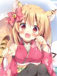 &gt;_&lt; 1girl :d animal_ears bangs bell black_choker black_legwear blonde_hair blush bow choker clenched_hands commentary_request detached_sleeves fang hair_bell hair_bow hair_ornament japanese_clothes jingle_bell kimono lens_flare long_sleeves looking_at_viewer obi open_mouth pan_(mimi) paw_pose pink_bow pink_kimono red_eyes sash short_hair smile solo_focus tail tiger_ears tiger_tail toranoana 