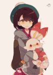  1girl backpack bag bangs blush brown_background brown_eyes brown_hair collared_shirt commentary_request creatures_(company) eyebrows_visible_through_hair female_protagonist_(pokemon_swsh) game_freak gen_8_pokemon green_hat grey_jacket hair_between_eyes hat heart highres hood hood_down hooded_jacket hug jacket long_sleeves looking_at_viewer muuran nintendo open_mouth parted_lips pokemon pokemon_(creature) pokemon_(game) pokemon_swsh puffy_long_sleeves puffy_sleeves red_eyes red_shirt scorbunny shirt signature simple_background tam_o&#039;_shanter upper_body 