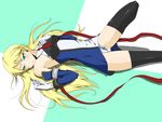  arc_system_works blazblue blonde_hair gloves green_eyes highres long_hair lying miniskirt noel_vermillion panties simamo skirt thighhighs underwear zettai_ryouiki 