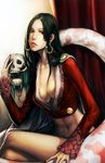  black_hair boa_hancock crossed_legs earrings fang highres jewelry legs lips long_hair navel noa_ikeda one_piece realistic salome_(one_piece) sitting skull snake solo 