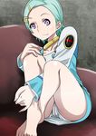  absurdres aqua_hair barefoot cameltoe eureka eureka_seven eureka_seven_(series) fat_mons feet highres panties pantyshot purple_eyes short_hair solo taku-tama underwear 