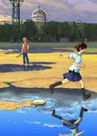  1girl baseball baseball_base baseball_bat brown_hair fence hair_over_eyes hondo-ten konno_makoto mamiya_chiaki puddle reflection running short_hair skirt toki_wo_kakeru_shoujo transmission_tower water 