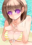  anegasaki_nene bare_shoulders beach bikini blush breast_suppress breasts brown_hair cleavage collarbone colored_eyelashes embarrassed eyebrows eyebrows_visible_through_hair eyelashes front-tie_bikini front-tie_top fujishima-sei_ichi-gou hands_on_own_chest highres large_breasts love_plus mole mole_under_eye purple_eyes short_hair solo swimsuit upper_body water 