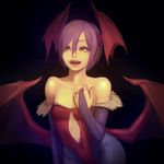  bare_shoulders bat_wings demon_girl derivative_work elbow_gloves fang fangs flat_chest gloves head_wings leotard lilith_aensland pantyhose purple_hair red_eyes red_leotard short_hair simple_background smile solo succubus vampire_(game) wings yugume 