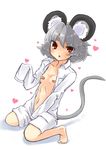  absurdres animal_ears bandaid bandaids_on_nipples barefoot bottomless flat_chest grey_hair heart highres kneeling mouse_ears mouse_tail naked_shirt navel nazrin open_clothes open_shirt oversized_clothes pasties red_eyes shirt short_hair solo tail touhou usa-pom white_shirt 
