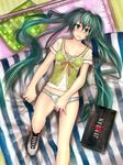  air_jordan air_jordan_10_retro aqua_eyes aqua_hair blush from_above hatsune_miku legs lips long_hair lying no_pants on_back panties shoes sneakers solo tobimaru twintails underwear very_long_hair vocaloid 